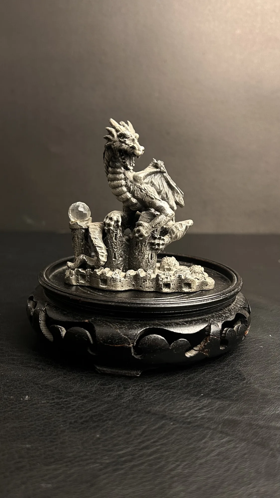 Vintage Dragon Figurine with Crystal Ball on Wooden Base