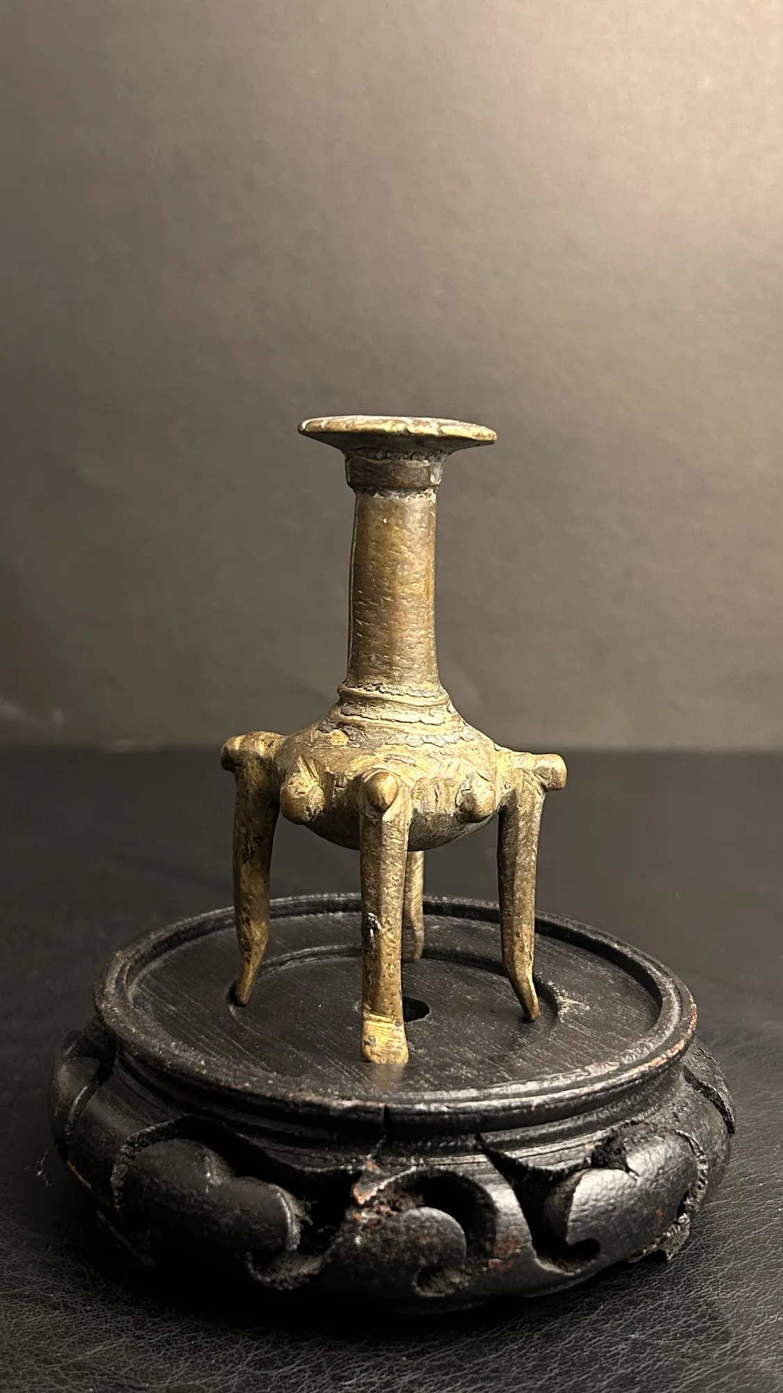 Vintage Metal Tripod Stand Figurine on Wooden Base