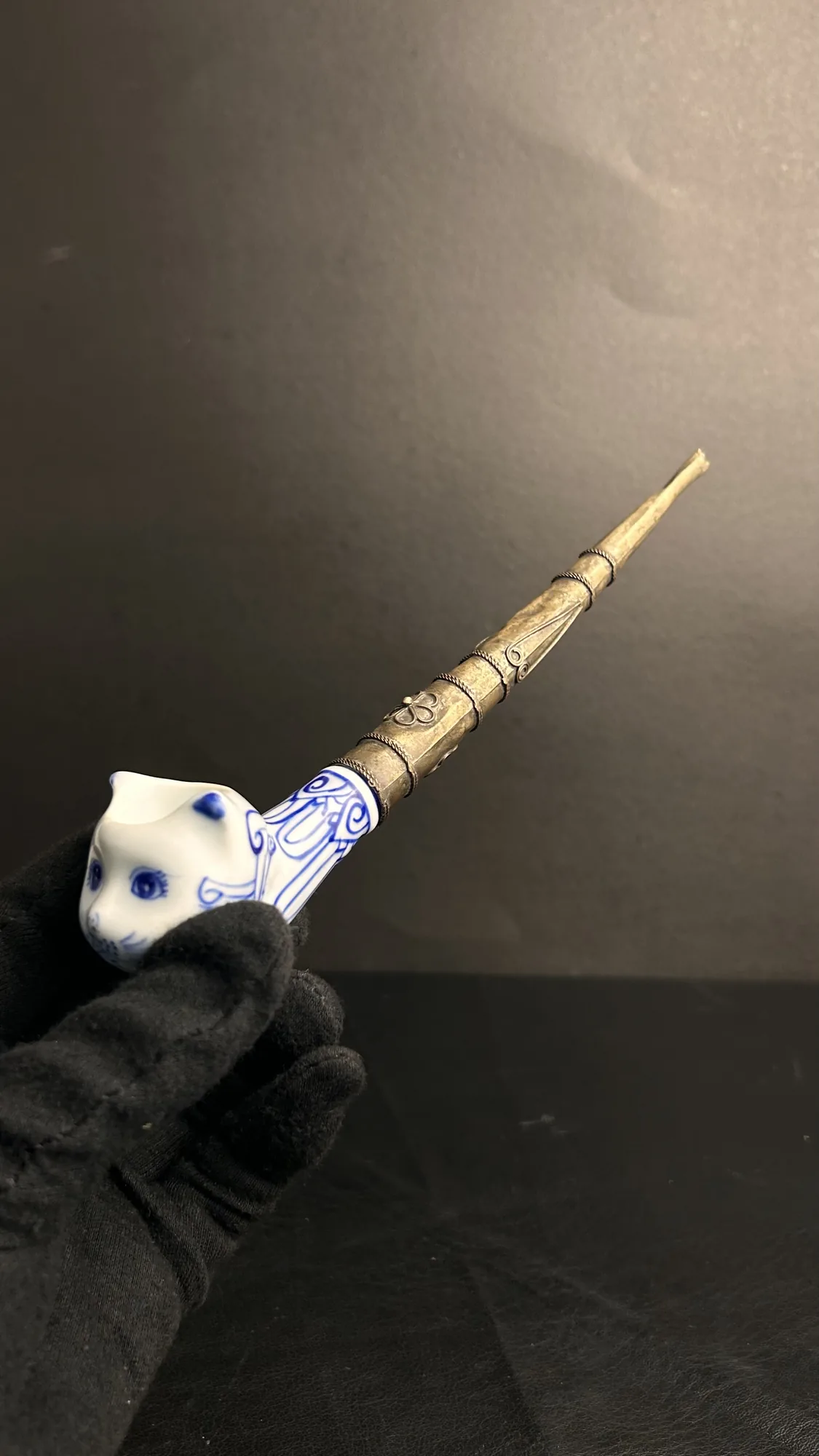 Vintage Porcelain and Metal Smoking Pipe with Cat Figurine