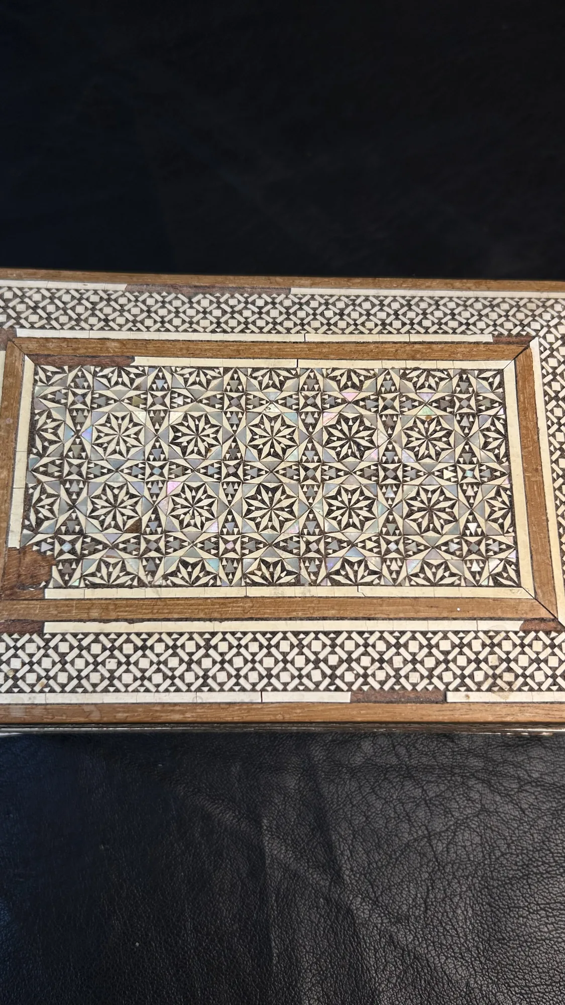 Vintage Geometric Inlaid Wooden Jewelry Box with Mother of Pearl