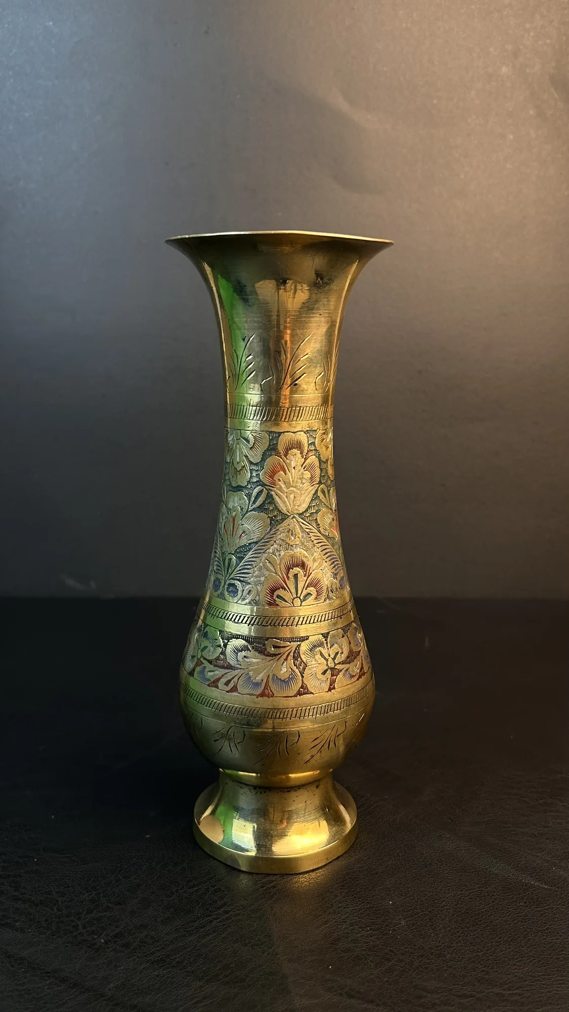 Engraved Brass Vase with Floral Etchings