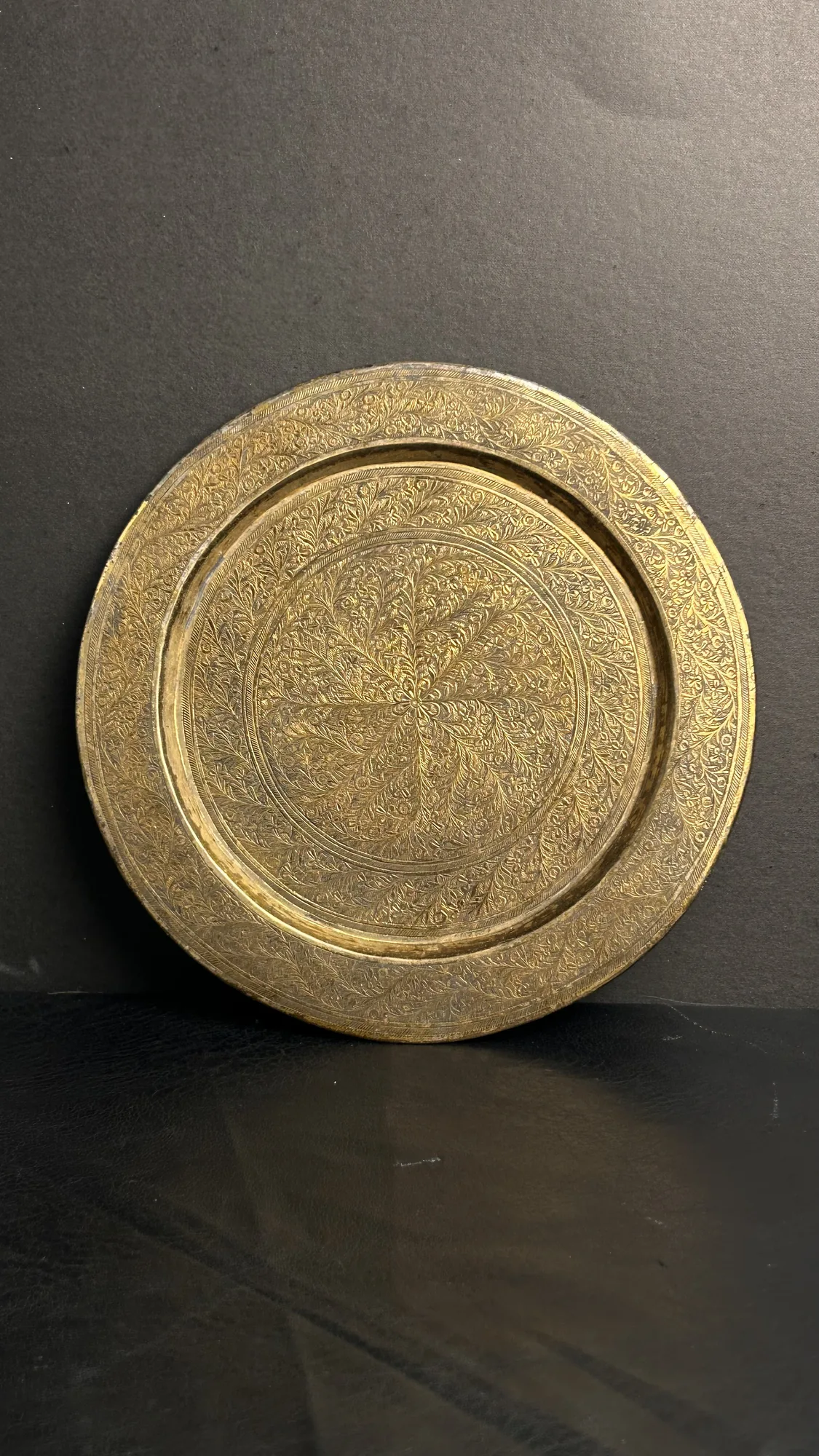 Ornate Engraved Brass Tray with Floral and Leaf Motifs