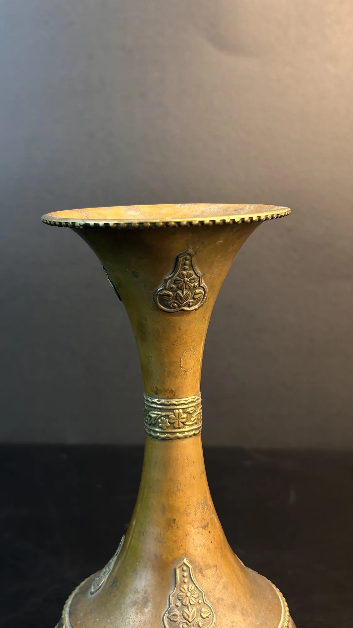Vintage Brass Vase with Floral Embossed Details