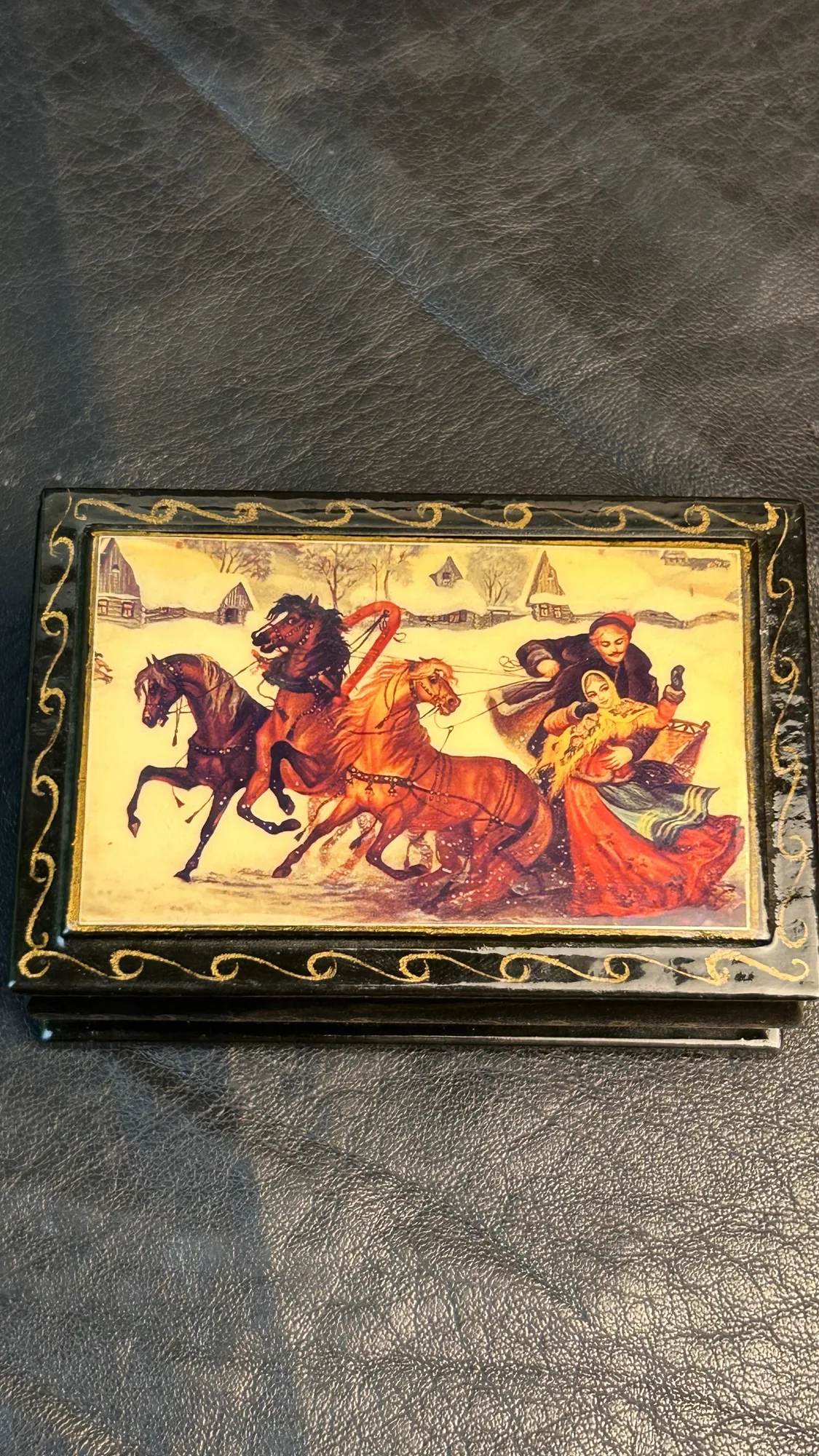 Vintage Lacquer Style Decorative Jewelry Box with Troika Scene