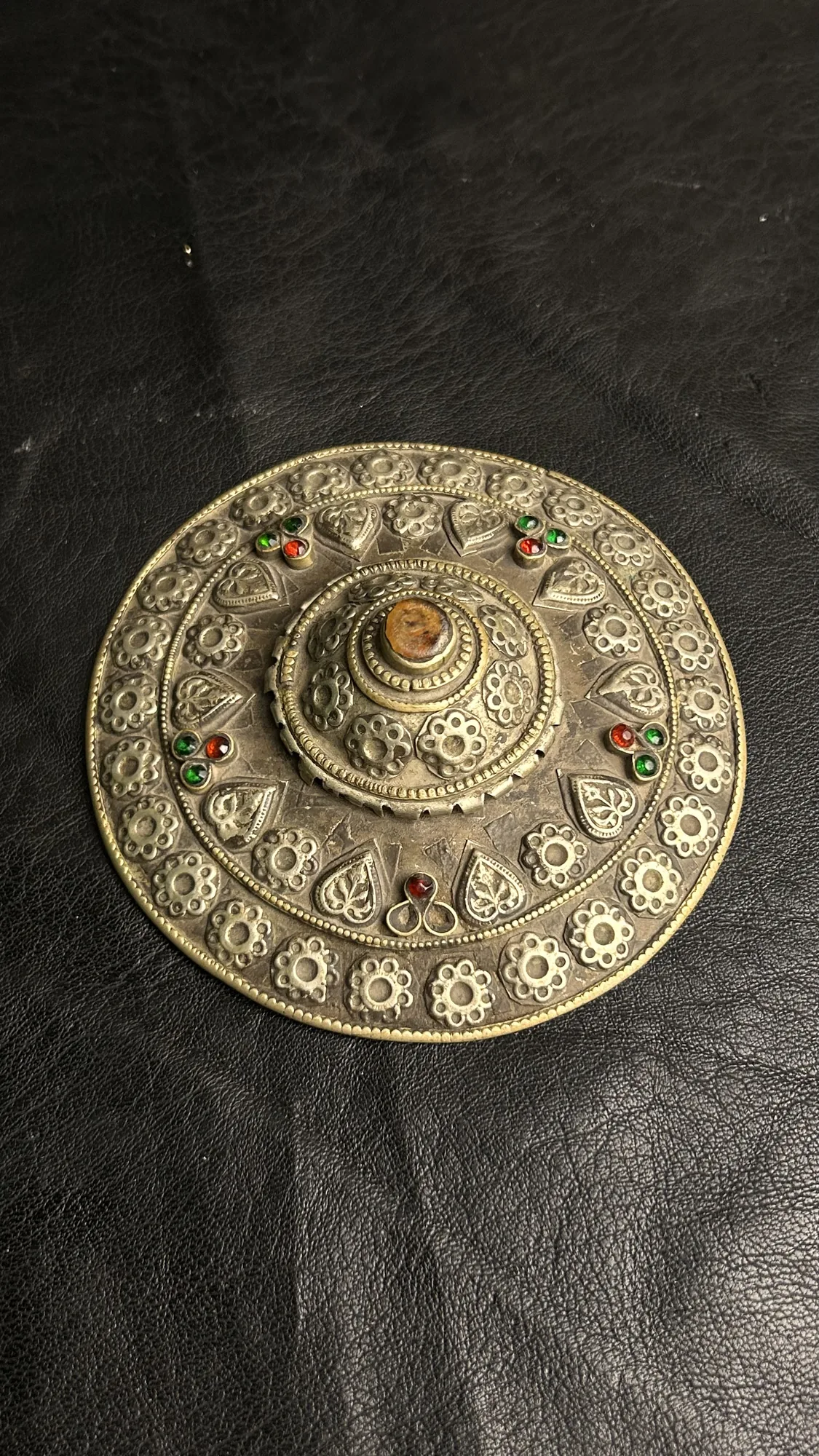 Circular Metal Decorative Piece with Colored Stones
