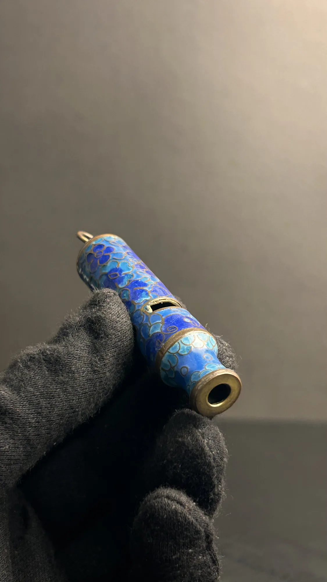 Vintage Blue Cloisonne Whistle with Floral Pattern
