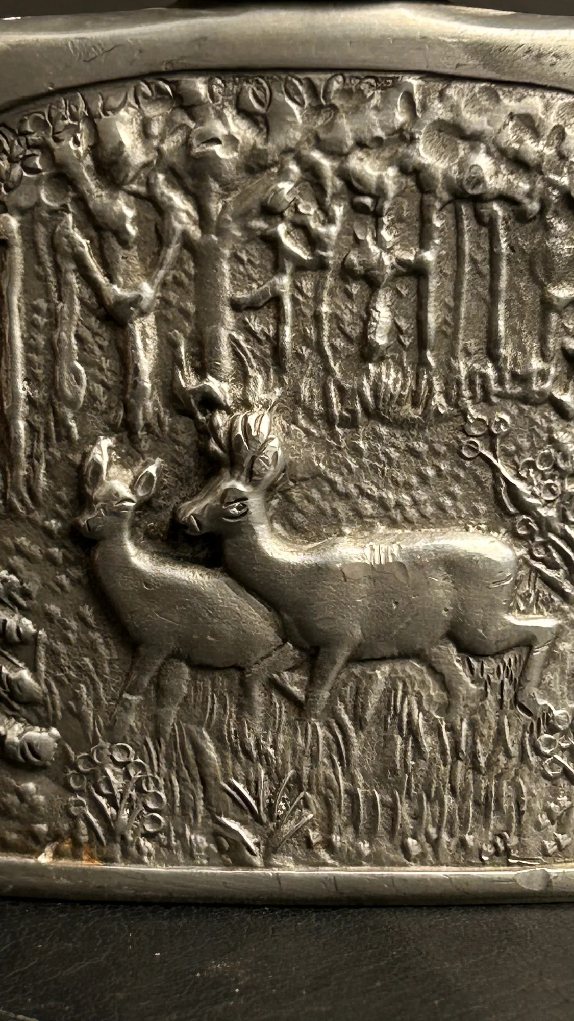 Vintage Metal Flask with Embossed Deer and Forest Scene