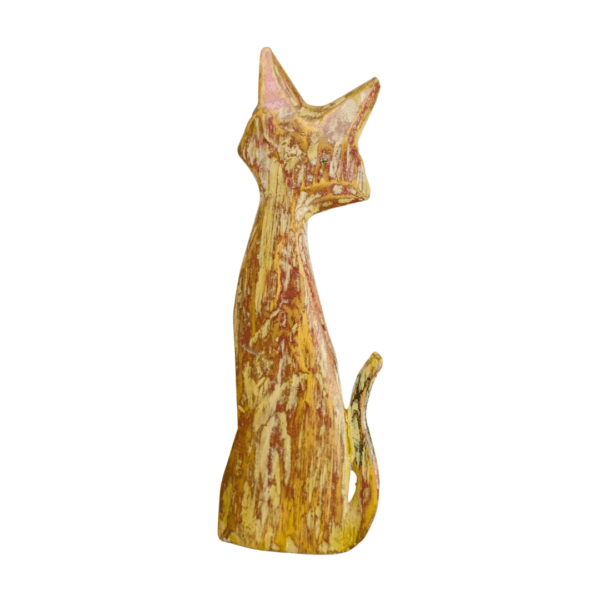 Handcrafted wooden cat figurine with vibrant color