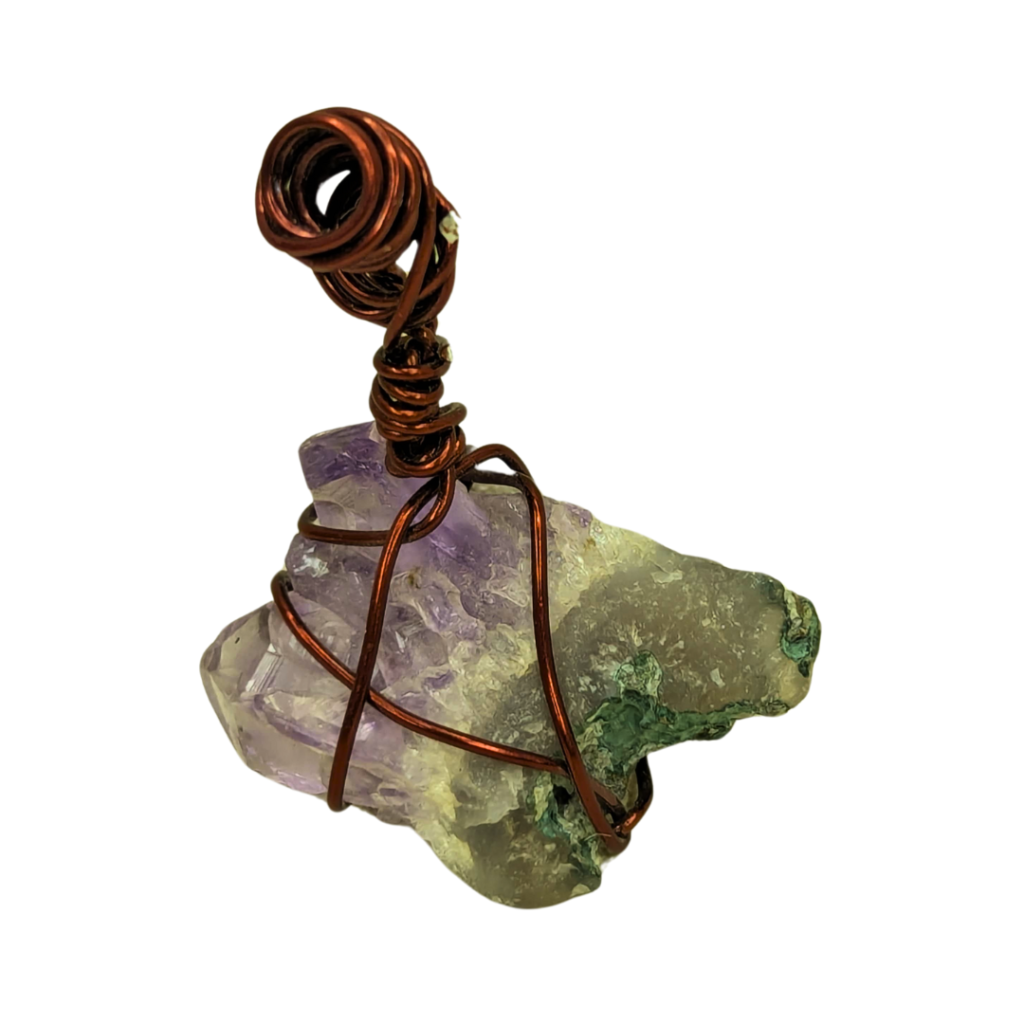 Natural unpolished amethyst stone pendant with copper wire wrap