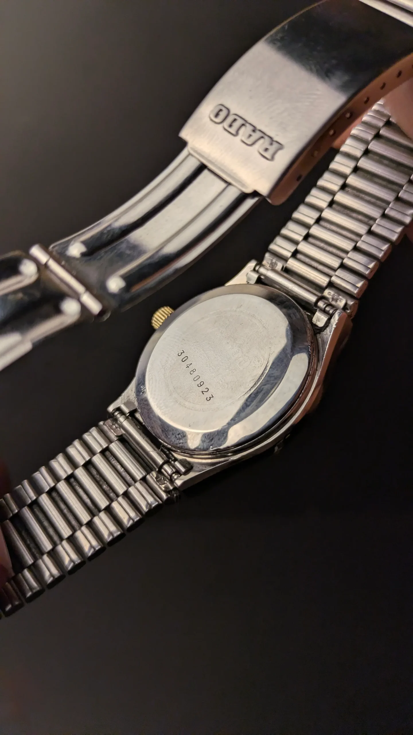 Back side of vintage RADO Voyager automatic watch with stainless steel case back