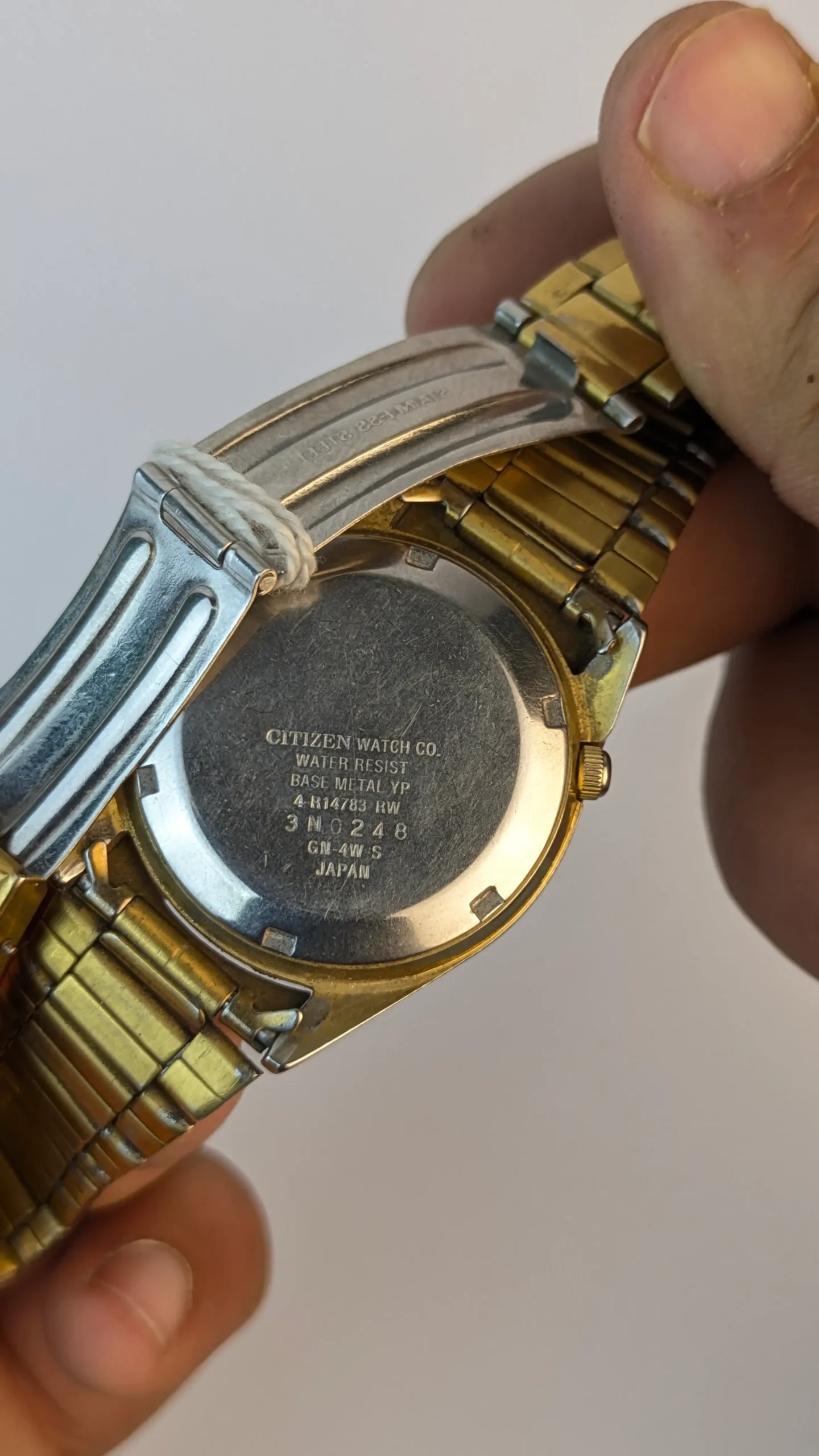 Citizen watch case back showing reference GN-4W-S serial 3N0248 water resist base metal YP Japan stamp