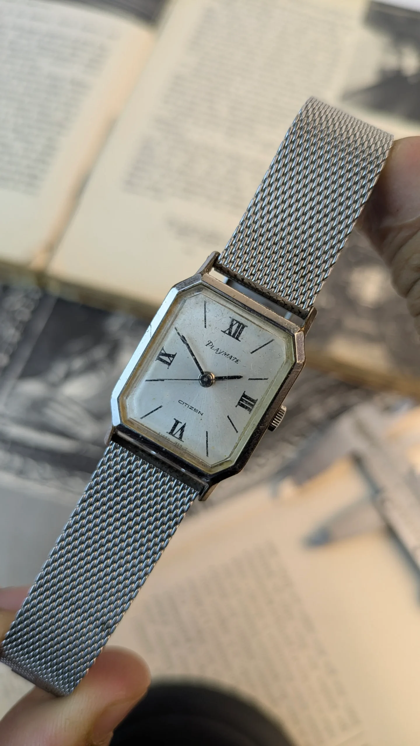 Detailed view of vintage Swiss-made Citizen Playmate watch.
