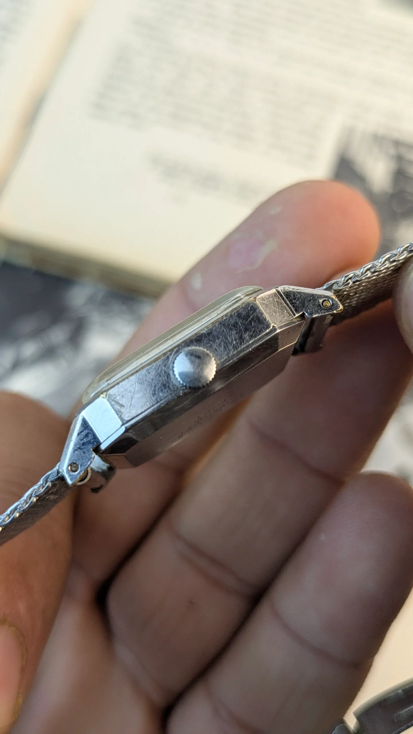 Side profile of vintage Citizen Playmate manual winding watch.