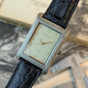 Front view of vintage Parietti rectangular quartz watch with cream dial.