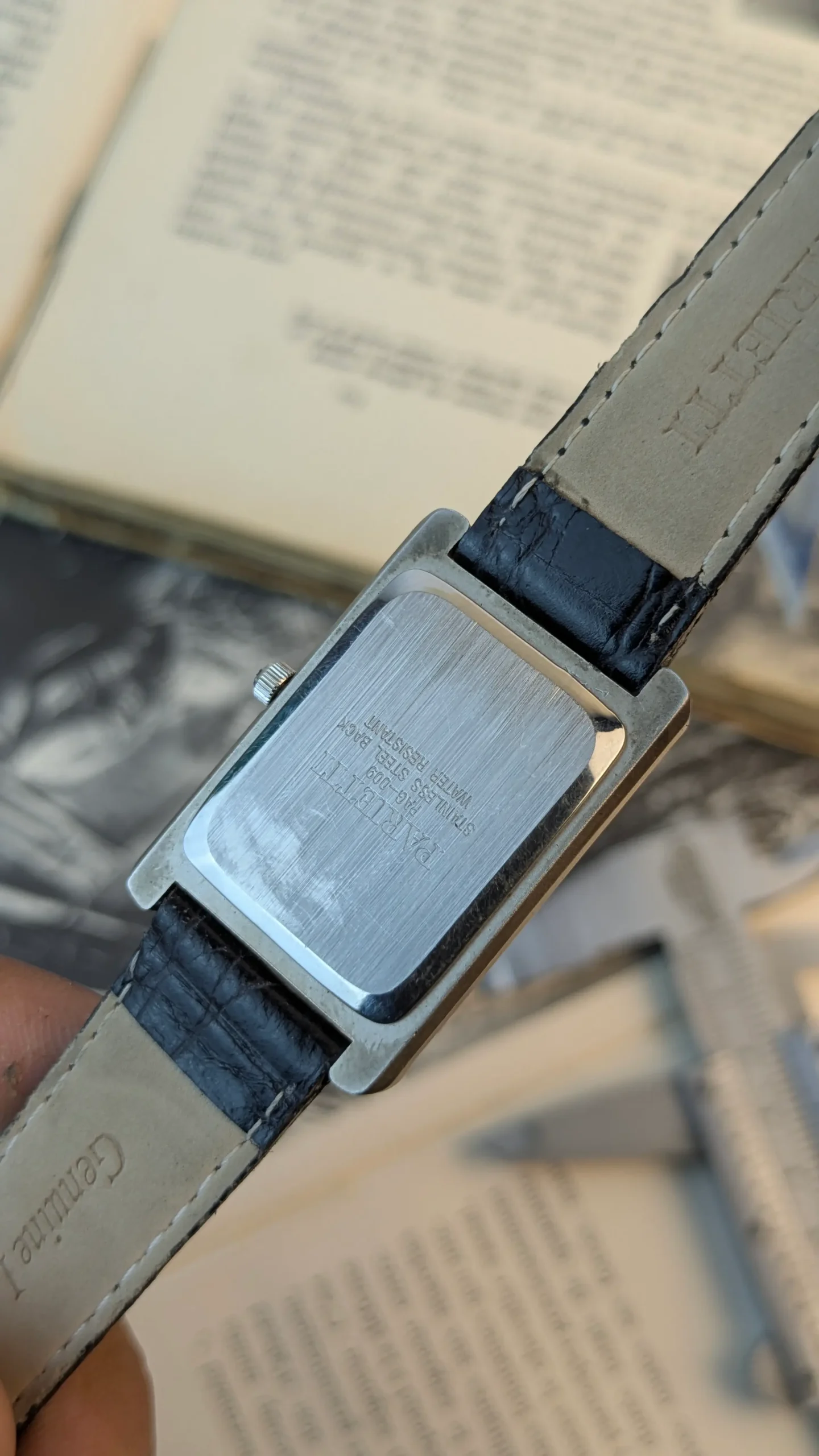 Back case of vintage Parietti quartz watch with Japan movement markings.