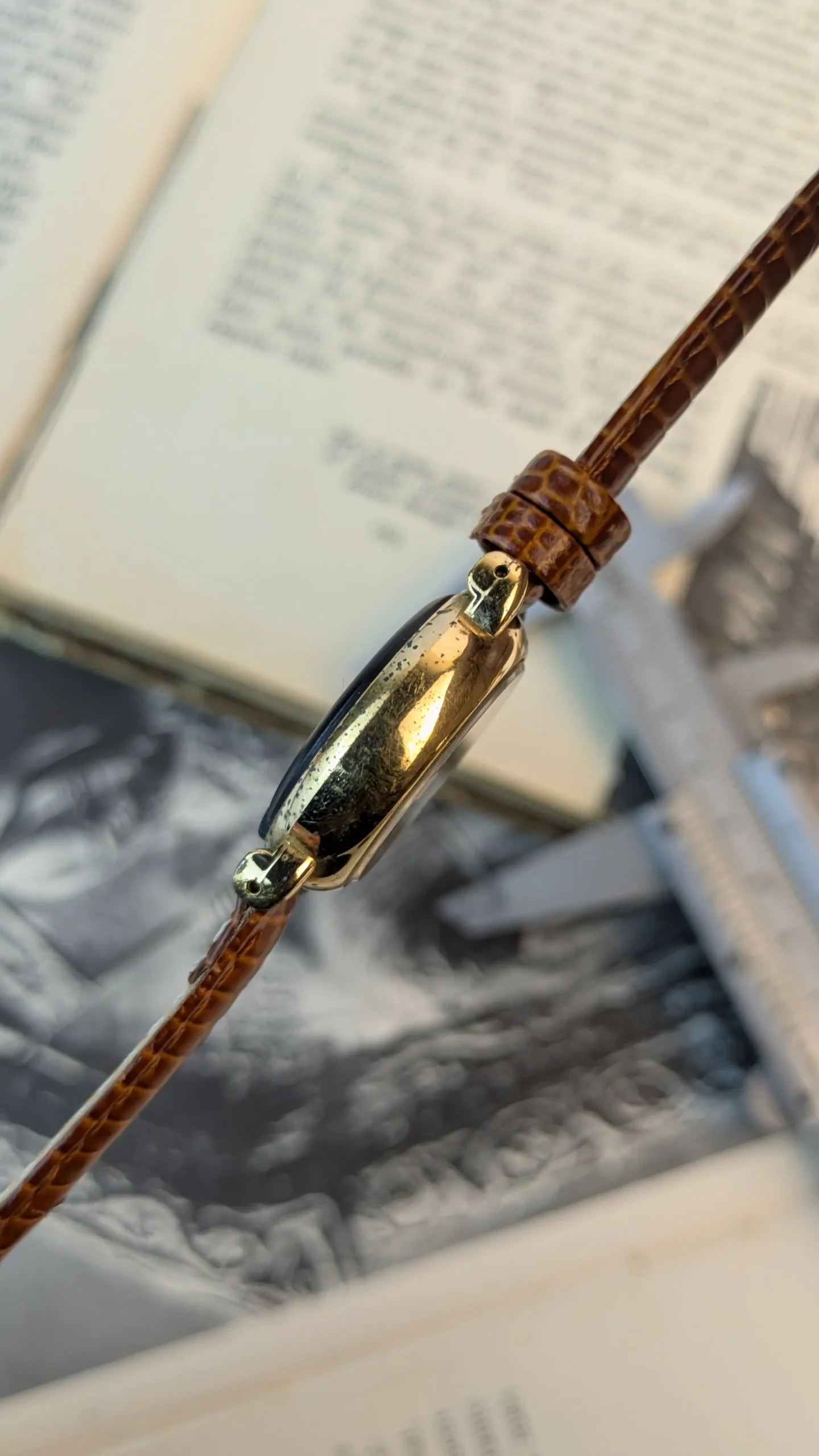 Side profile of ALBA ladies watch showing gold-tone case and crystal.
