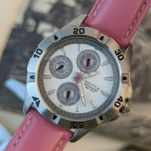 Nautica women's watch with pink leather strap and white analog dial featuring Japanese quartz movement.