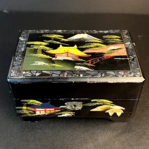 Vintage Japanese Lacquer Jewelry Box with Hand-Painted Landscape Design