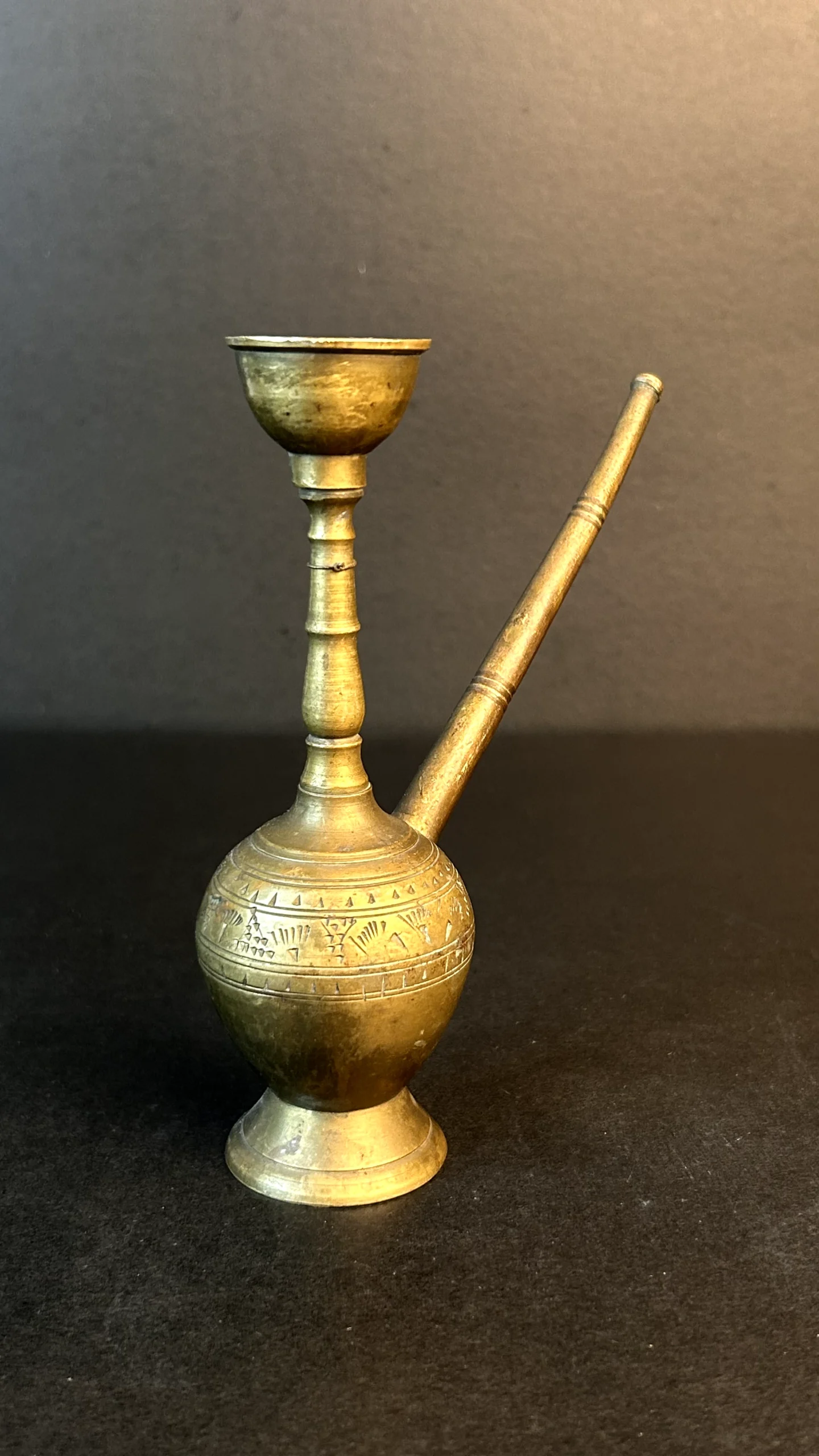 Vintage Engraved Brass Oil Lamp with Long Spout and Candle Holder