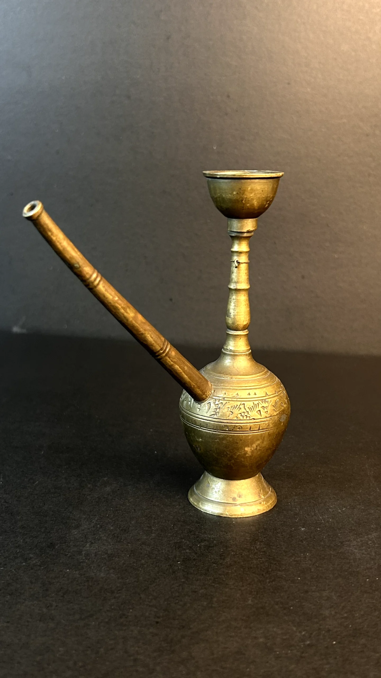 Vintage Engraved Brass Oil Lamp with Long Spout and Candle Holder - Image 2