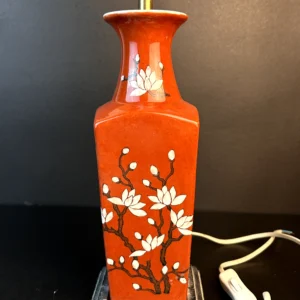 Hand-Painted Orange Ceramic Table Lamp Base with White Magnolia Blossom Design
