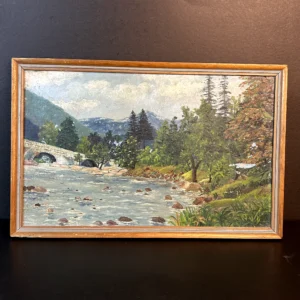 Framed Landscape River Painting with Stone Bridge and Mountain Scenery