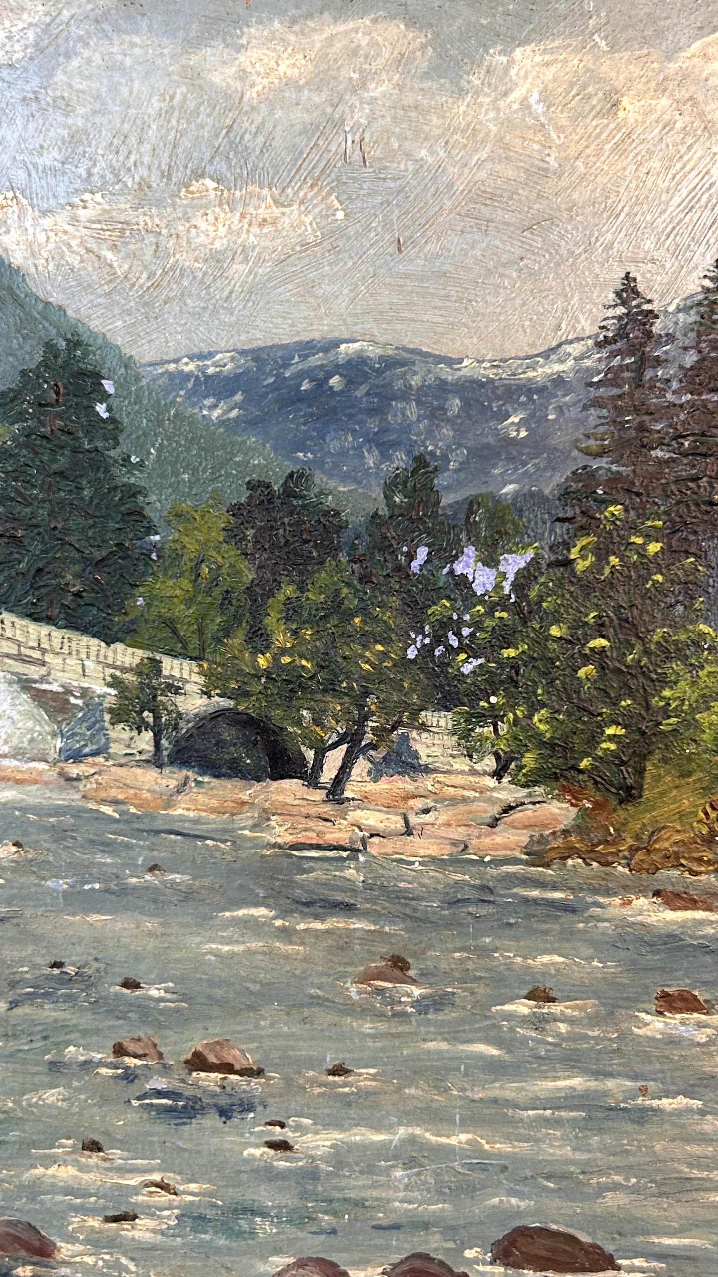 Framed Landscape River Painting with Stone Bridge and Mountain Scenery - Image 2