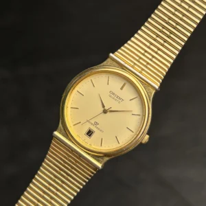 Vintage Orient Quartz Gold Plated Watch – Date Window Stainless Steel Bracelet