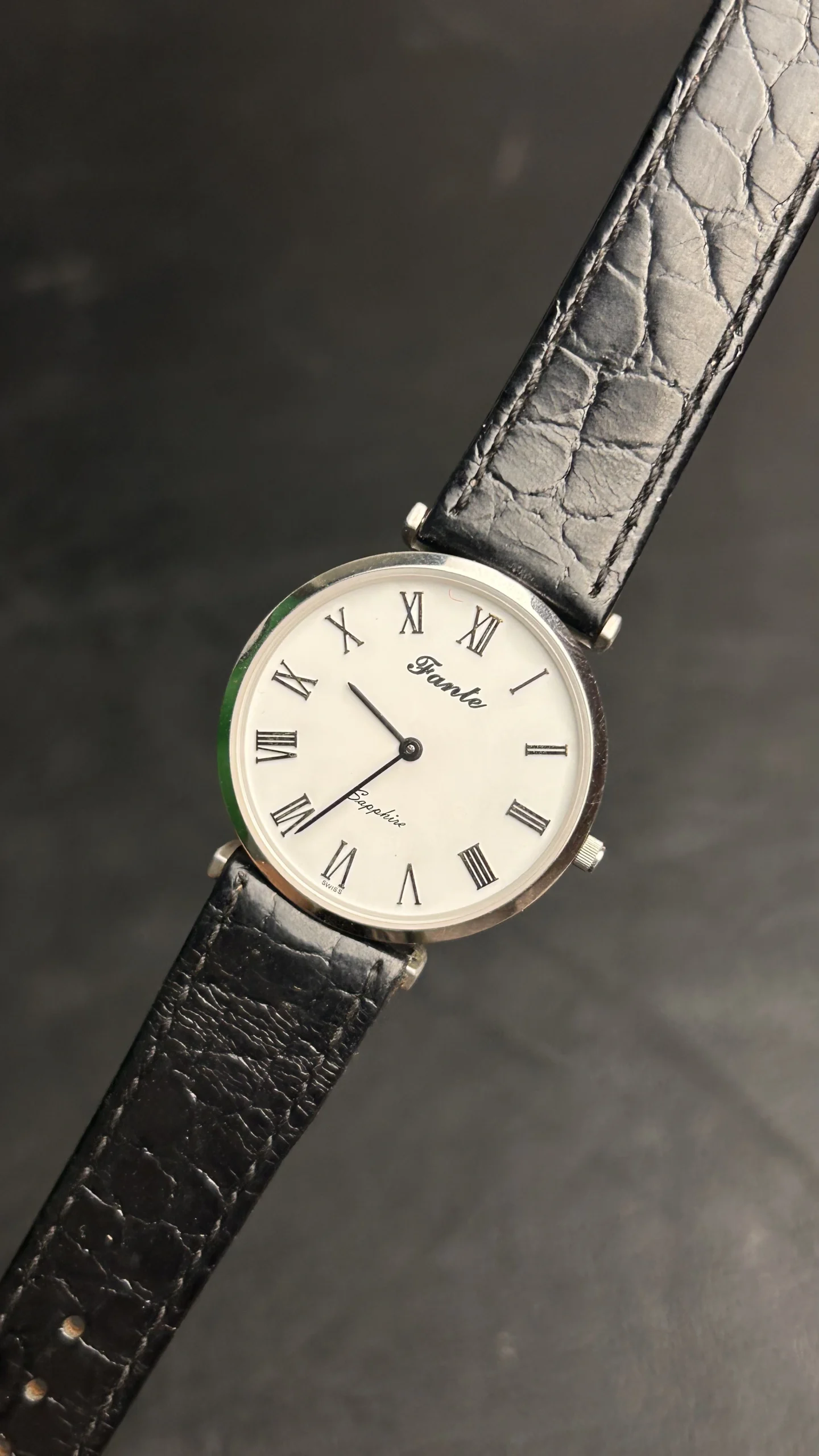 Vintage Fianta Executive Swiss Quartz Watch – White Dial Black Leather Strap