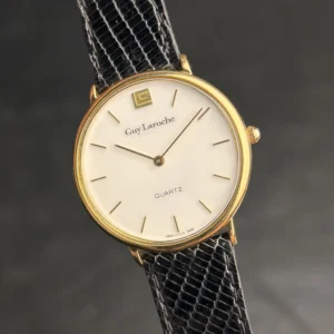 Vintage Guy Laroche Swiss Quartz Watch – Gold Tone White Dial Black Leather Strap