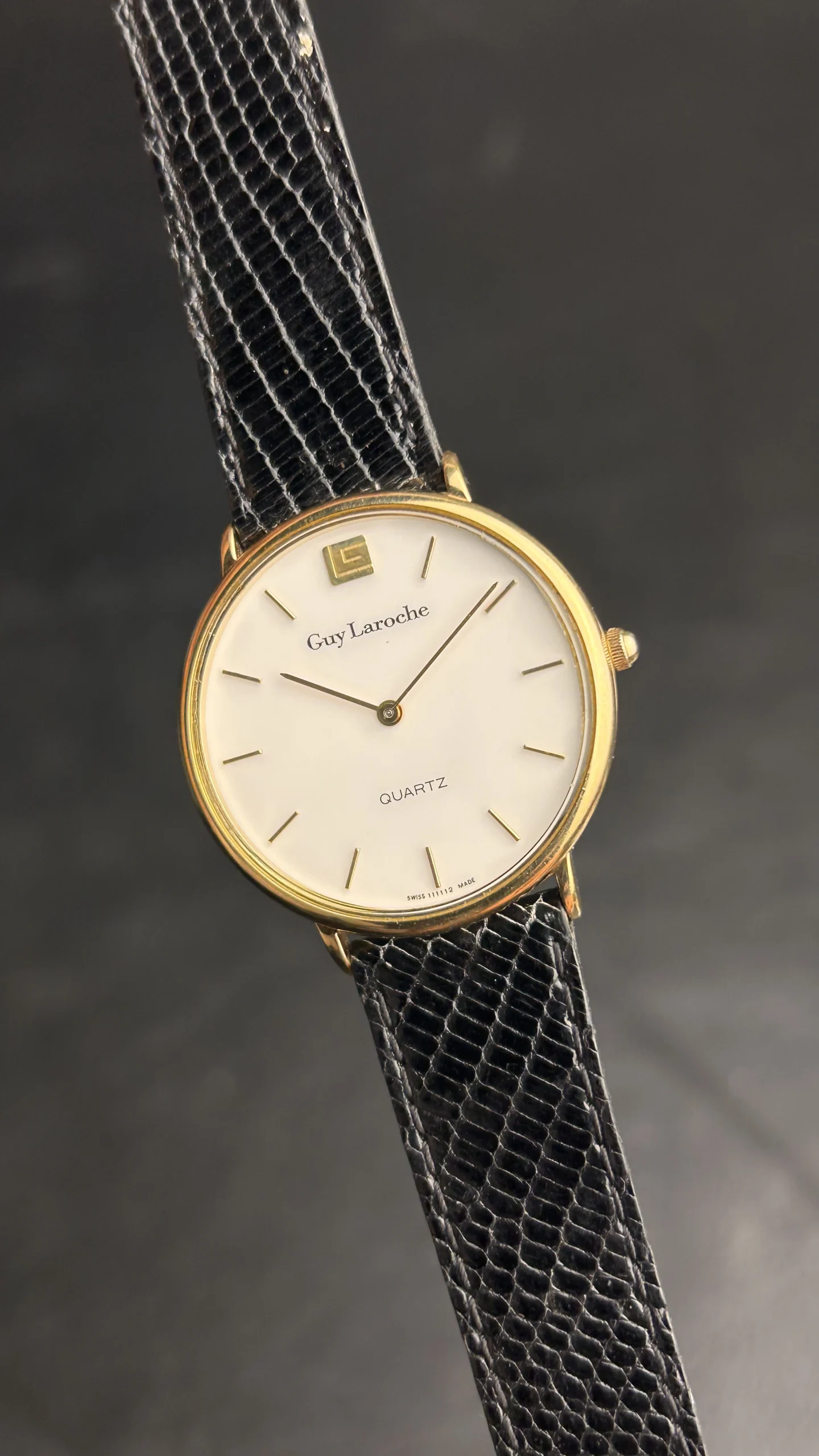 Vintage Guy Laroche Swiss Quartz Watch – Gold Tone White Dial Black Leather Strap