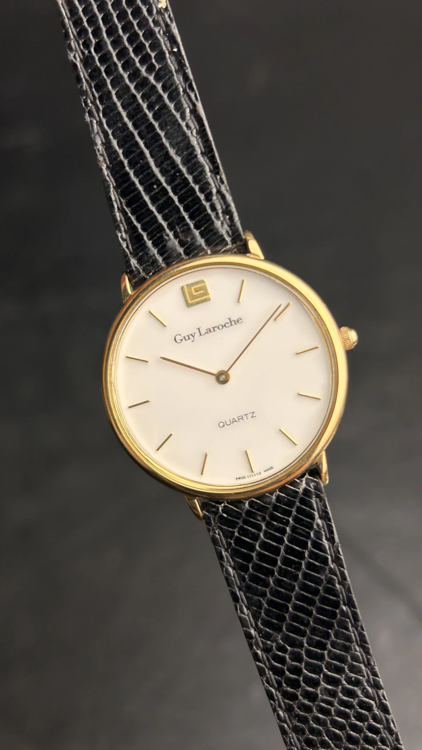 Vintage Guy Laroche Swiss Quartz Watch – Gold Tone White Dial Black Leather Strap - Image 7