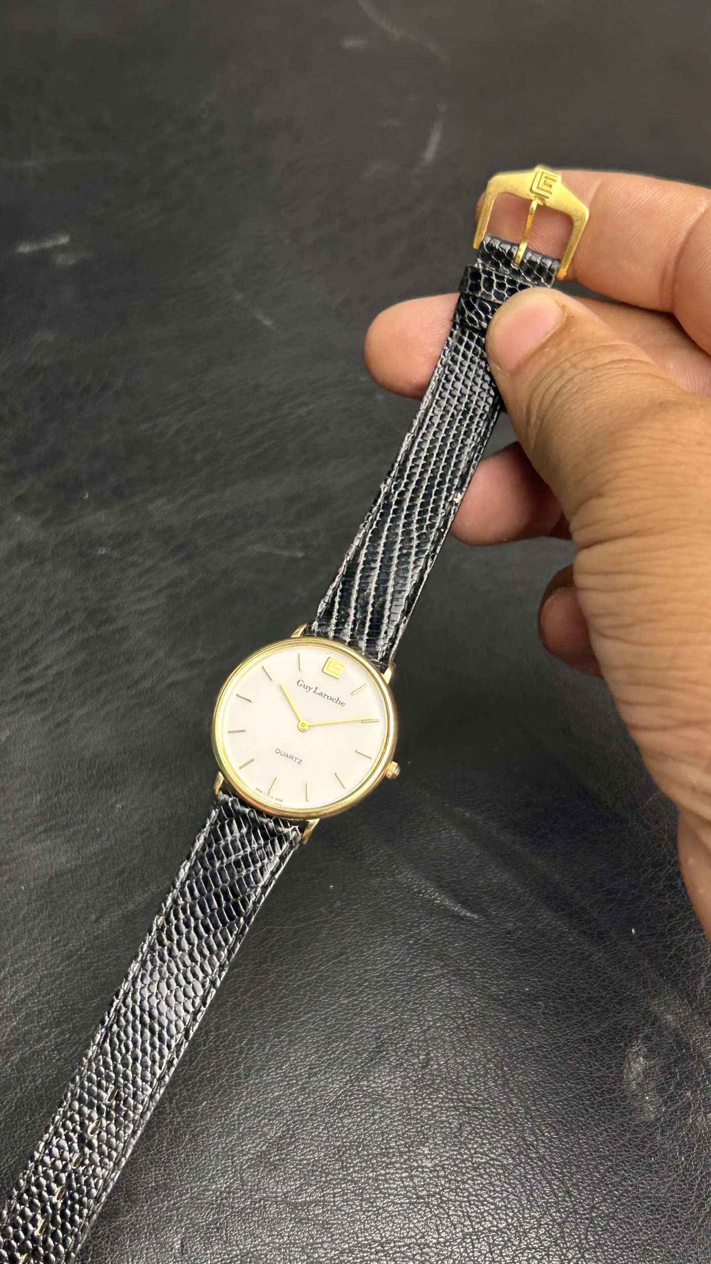 Vintage Guy Laroche Swiss Quartz Watch – Gold Tone White Dial Black Leather Strap - Image 3