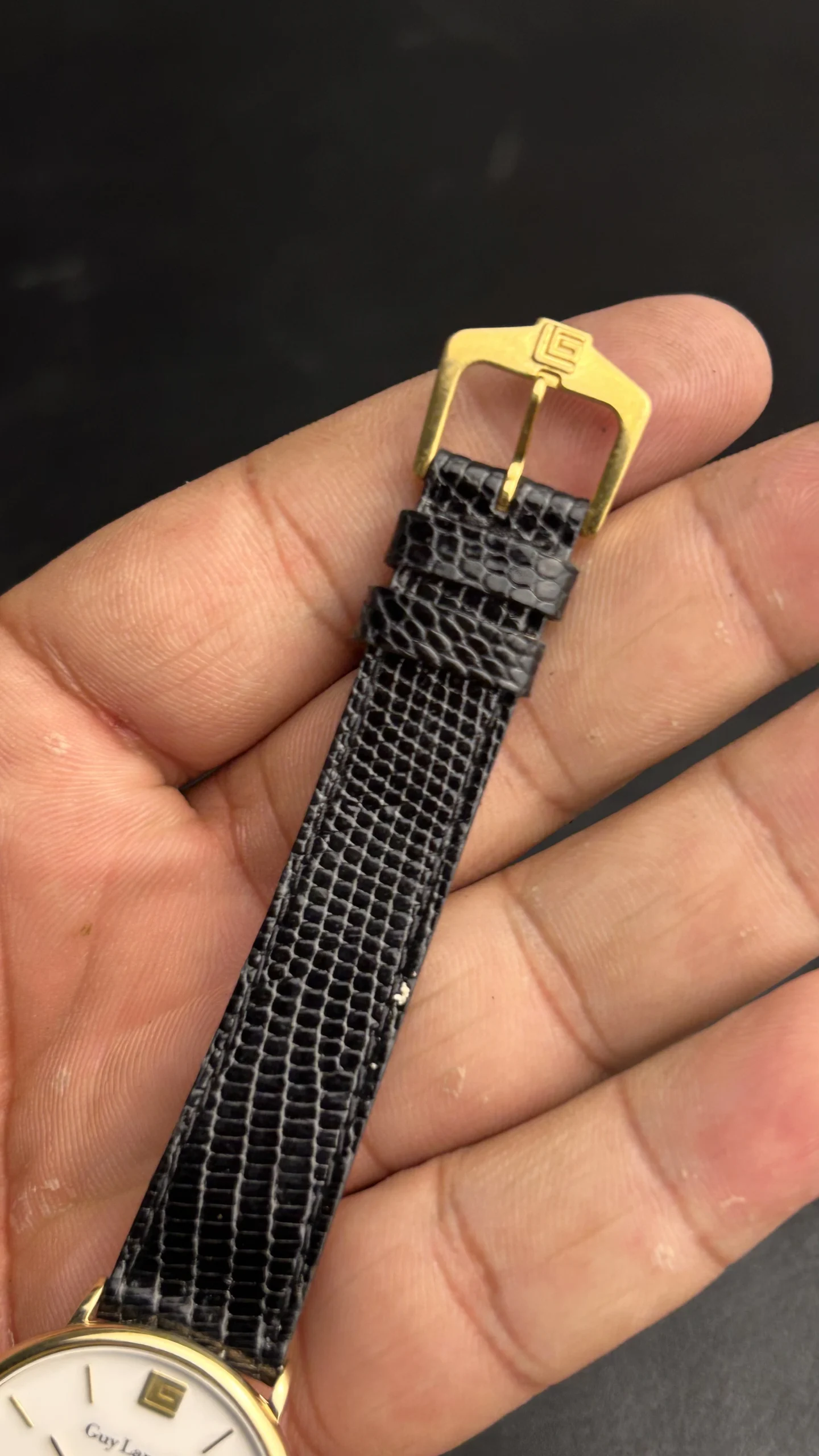 Vintage Guy Laroche Swiss Quartz Watch – Gold Tone White Dial Black Leather Strap - Image 4