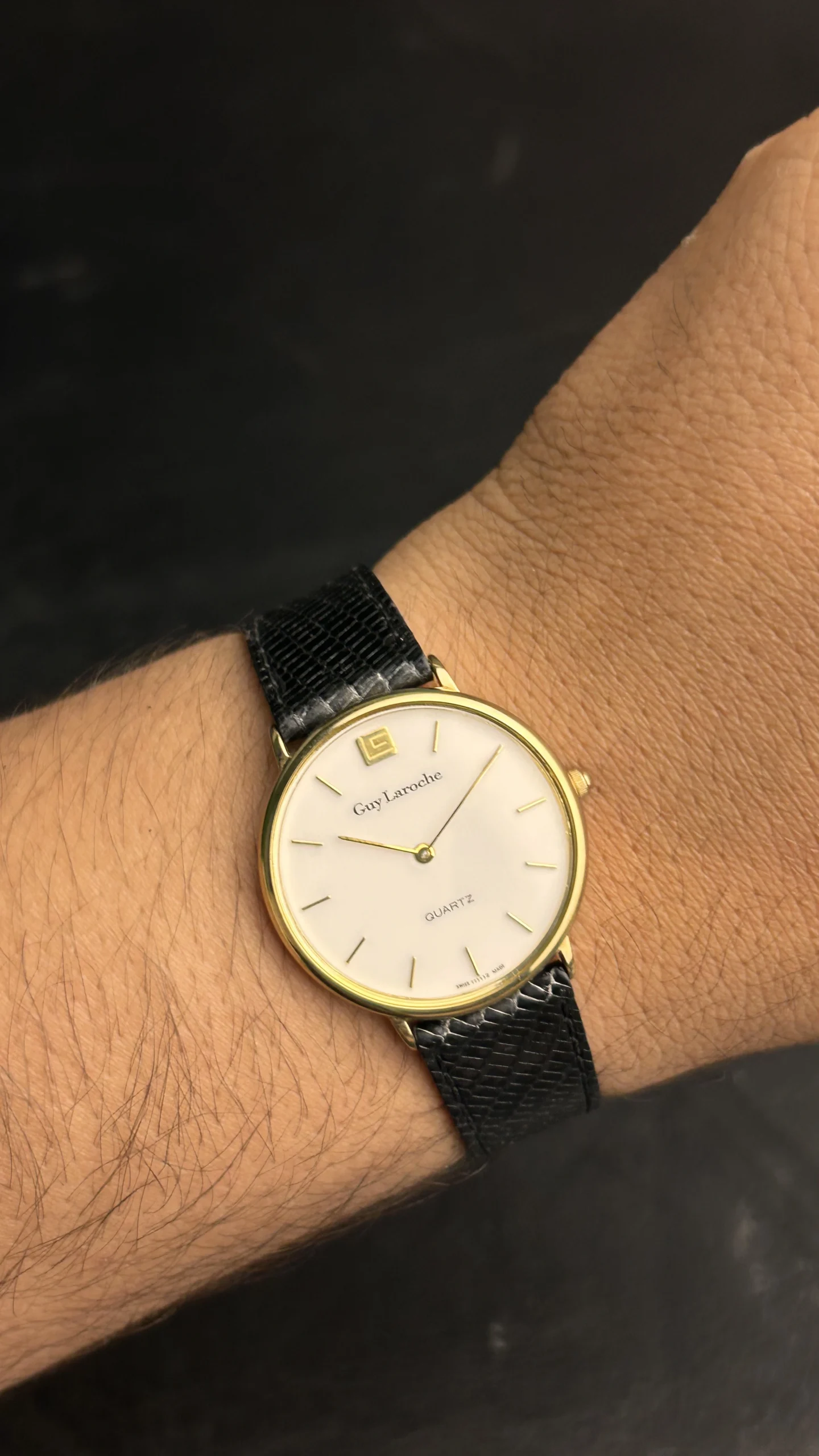 Vintage Guy Laroche Swiss Quartz Watch – Gold Tone White Dial Black Leather Strap - Image 5