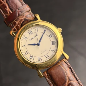 Vintage Pariety Quartz Watch – Gold Tone Roman Numeral Dress Watch Brown Leather Strap
