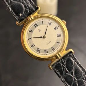 Vintage Gold Tone Quartz Wristwatch with Black Leather Strap Unisex