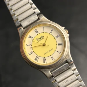Vintage Crater Quartz Watch Gold Roman Numeral Dial Japanese Watch Stainless Steel Stretch Band