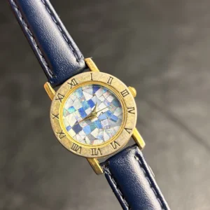 Vintage Opal Mosaic Dial Quartz Watch Blue Leather Strap Roman Numeral Gold-Tone Dress Watch