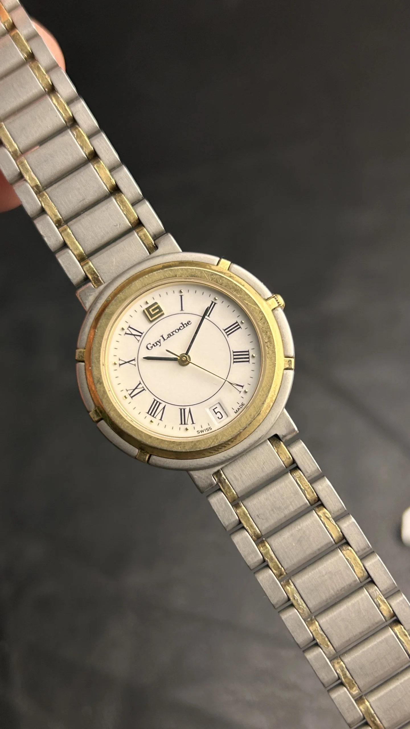 Vintage Guy Laroche Swiss Quartz Watch Two-Tone Roman Numeral Date Dress Watch