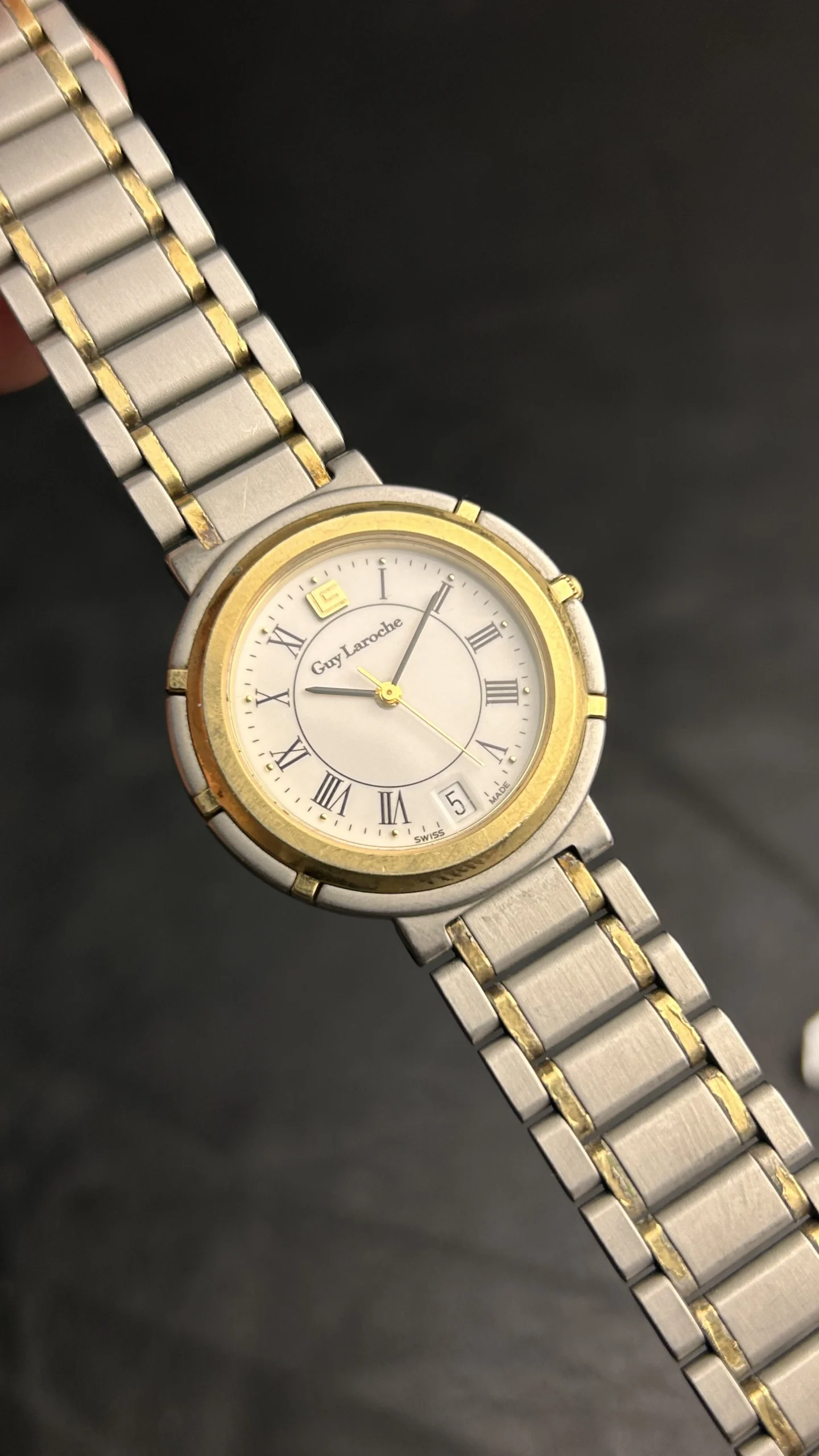 Vintage Guy Laroche Swiss Quartz Watch Two-Tone Roman Numeral Date Dress Watch - Image 5