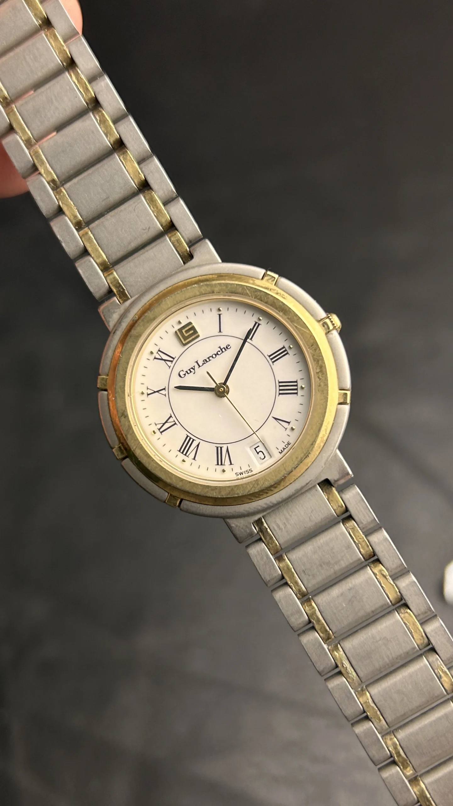 Vintage Guy Laroche Swiss Quartz Watch Two-Tone Roman Numeral Date Dress Watch - Image 6