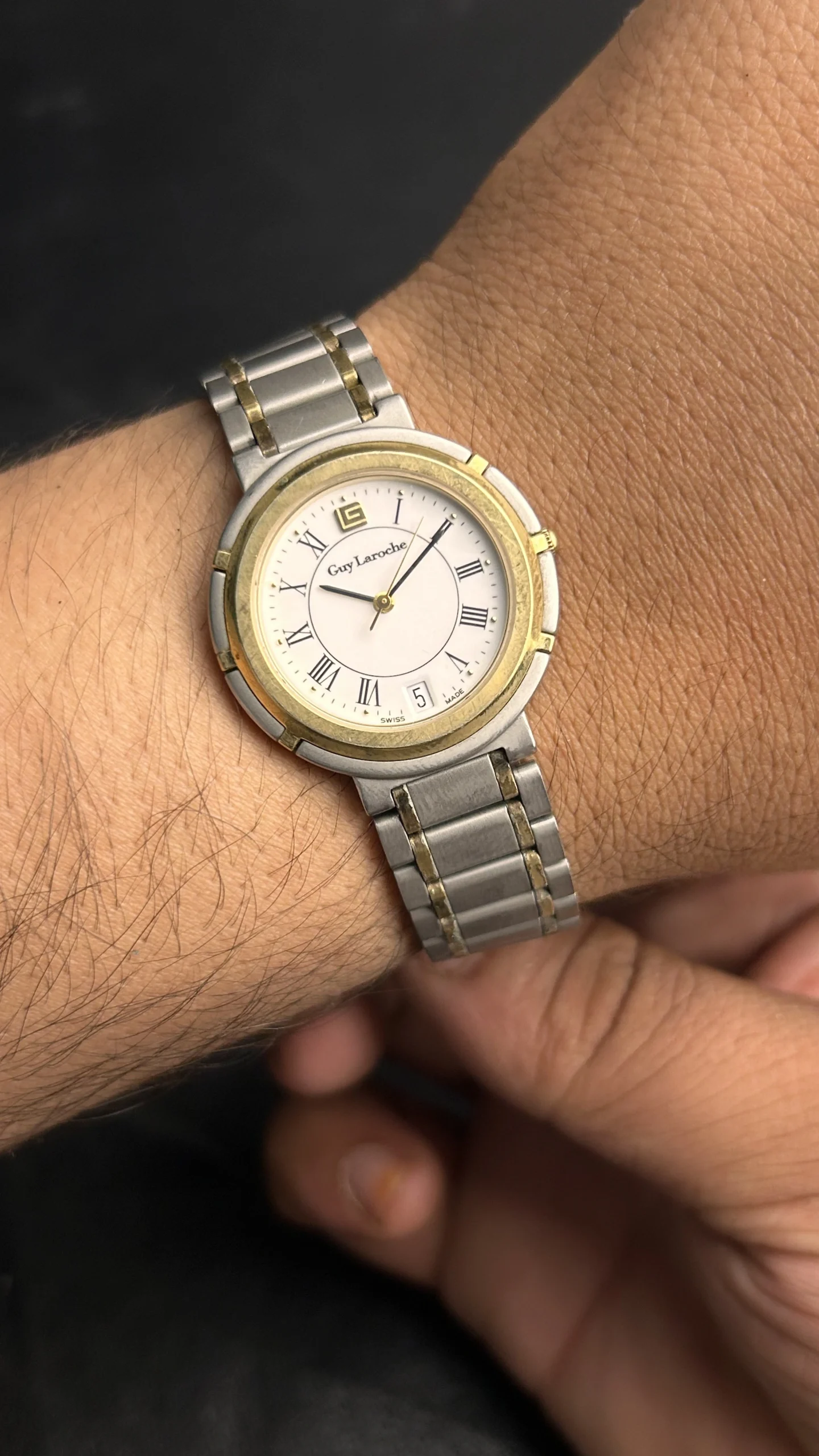 Vintage Guy Laroche Swiss Quartz Watch Two-Tone Roman Numeral Date Dress Watch - Image 4